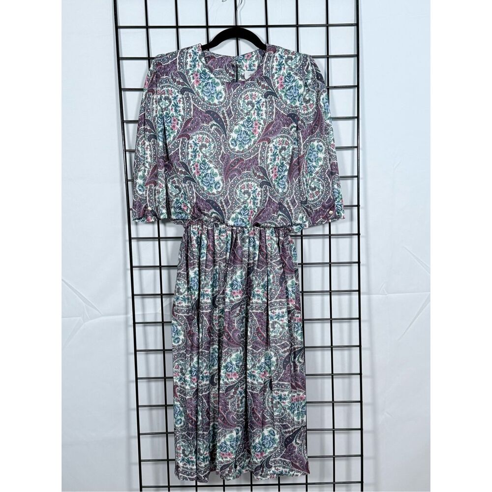 VTG MCS‎ Ltd. Paisley Floral Blouson Dress Womens 10 Purple Coastal Grandma